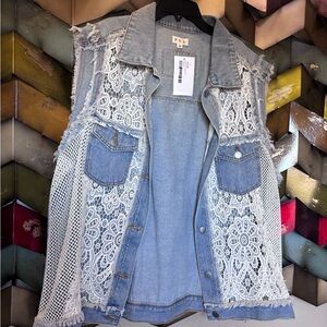 POL Light Blue Denim Vest with White Lace